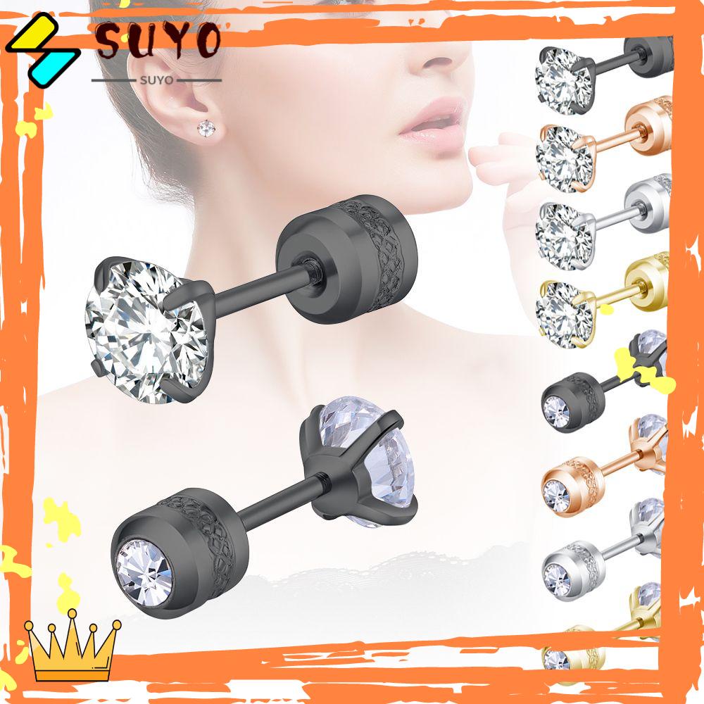 Suyo2~6mm Anting Pejantan Mode Baru Mungil 2-6mm Bulat Stainless Steel Hypoallergenic Cubic Zirconia