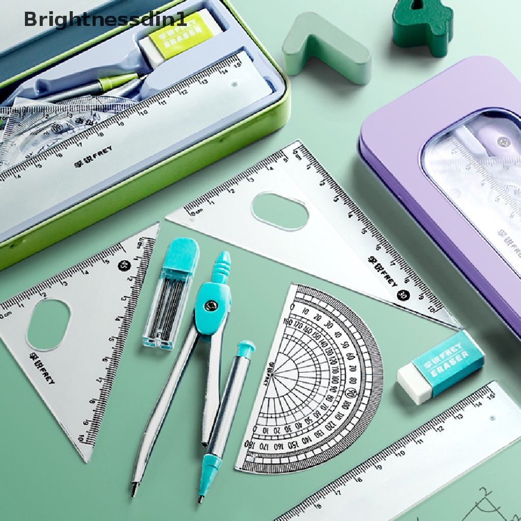 [Brightnessdin1] 7pcs Compass Math Set Untuk Siswa Dengan Kotak Penyimpanan Anti Pecah Kotak Besi Anak Penggaris Segitiga Karet Tin Pensil Case Alat Tulis Siswa Set Perlengkapan Sekolah Bou