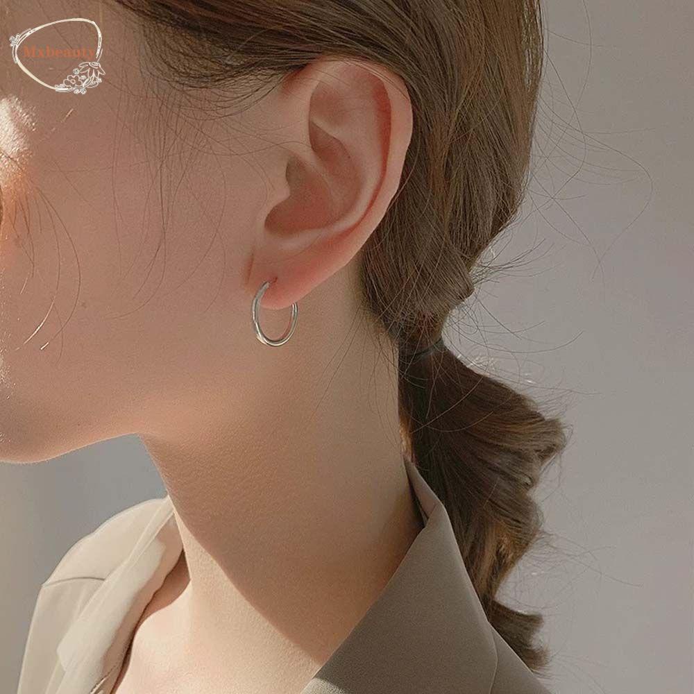 Mxbeauty Anting Hoop Daily Simple Ear Studs Bulat Lingkaran Perhiasan Fashion Warna Perak Metal Gaya Korea