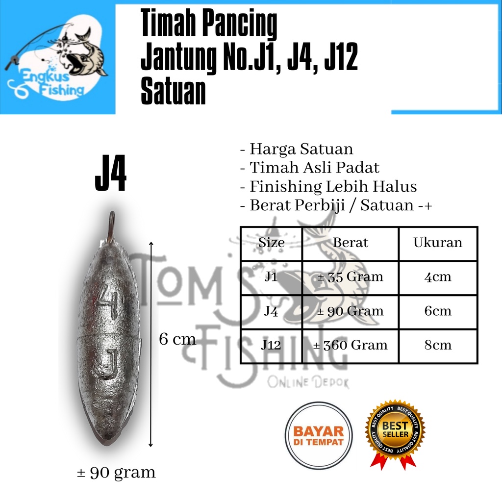 Timah Pancing Jantung Satuan / Perbiji (J1/35gram, J4/90gram, J12/360gram) Murah - Engkus Fishing