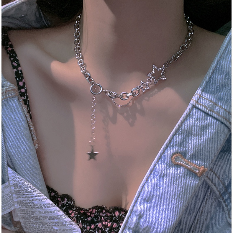 Yeezii Star Necklace Y2K Kristal Silver Rumbai Klavikula Rantai Choker Untuk Aksesoris Perhiasan Wanita