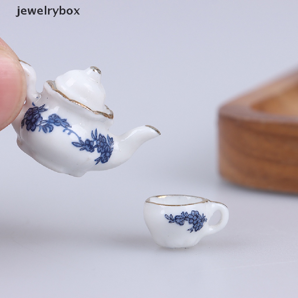 [jewelrybox] 6 Pcs Rumah Boneka Miniatur Peralatan Makan Porcelain Tea Set Piring Cangkir -Motif Bunga Butik