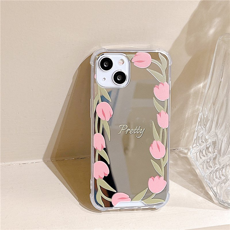 【Anti Fall Mirror】Pretty Silver Makeup Silicone Soft Case Iphone 6S 7 8 Plus X XR XS Max IPhone 11 12 13 14 Pro Max 14 Plus 7+ 8+ 12 13 mini for Women Girl Ins Pink Tulip Flower