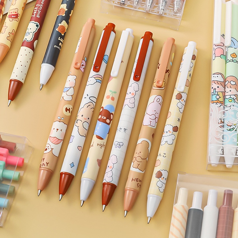 [Harga Grosir] 1pc Random Puff Bear Press Pen Kartun Lucu Kelinci Anjing Pulpen Tinta Hitam 0.5mm Gel Pen Tulisan Harian Pena Ujian Peluru Nib Pena Ditarik Siswa Korea Alat Tulis