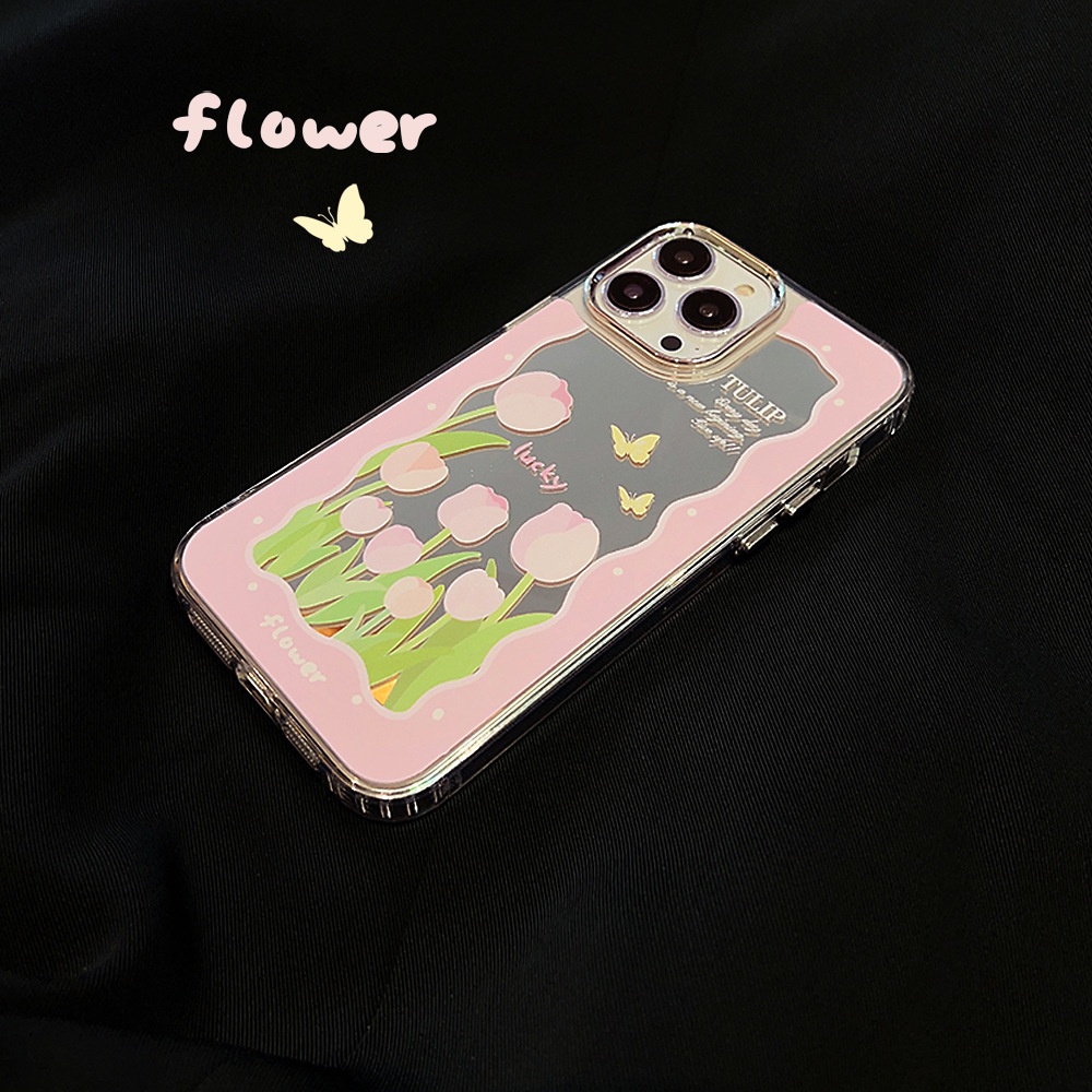 IPHONE Ins Pink Tulip Make Up Mirror Transparan Case Untuk Iphone14 11 12 13 PRO MAX Casing Cover Pelindung AT0215