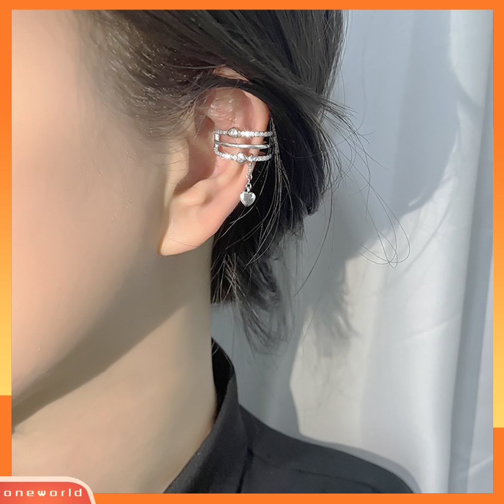 [EONE] 1pc Manset Telinga Non-Piercing Multi-Layer Keren Berlebihan Berlian Imitasi Cinta Hati Rumbai Tulang Rawan Klip Anting Perhiasan Fashion