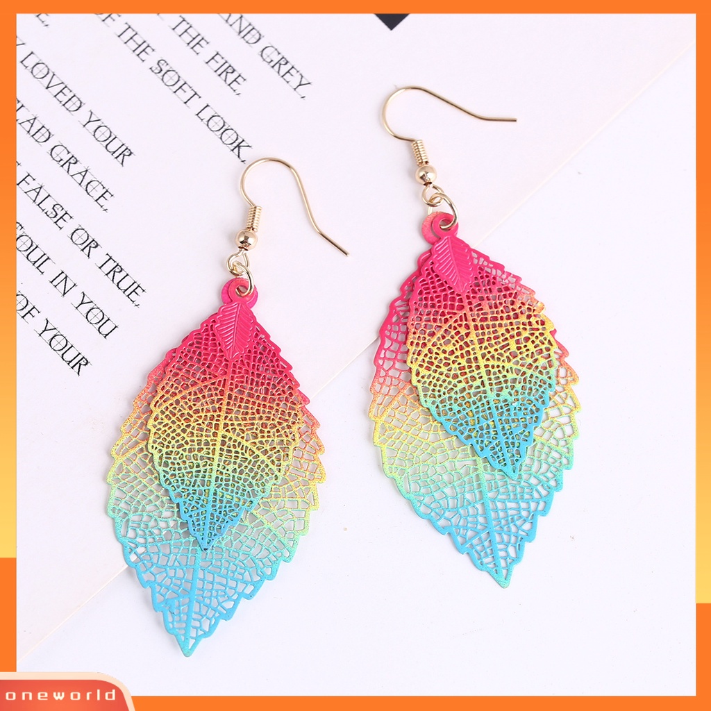 [EONE] 1pasang Menjuntai Anting Vintage Boho Panjang Fringe Berongga Keluar Warna-Warni Hias Hadiah Ulang Tahun Wanita Lapisan Ganda Daun Liontin Kait Anting Perhiasan Aksesoris