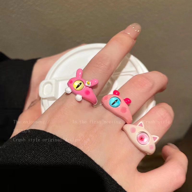Cincin Geometris Mata Besar Monster Kecil Bahan Alloy Lucu Untuk Anak Perempuan