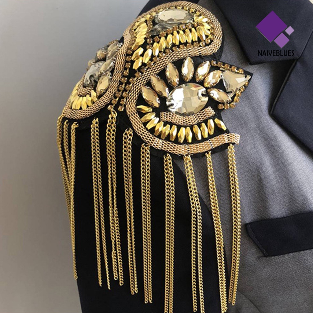 &lt; Naiveblues &gt; Epaulette Hias Buatan Tangan Berlian Imitasi Gaya Punk Retro Rumbai Papan Rantai Lencana Pakaian Dekorasi