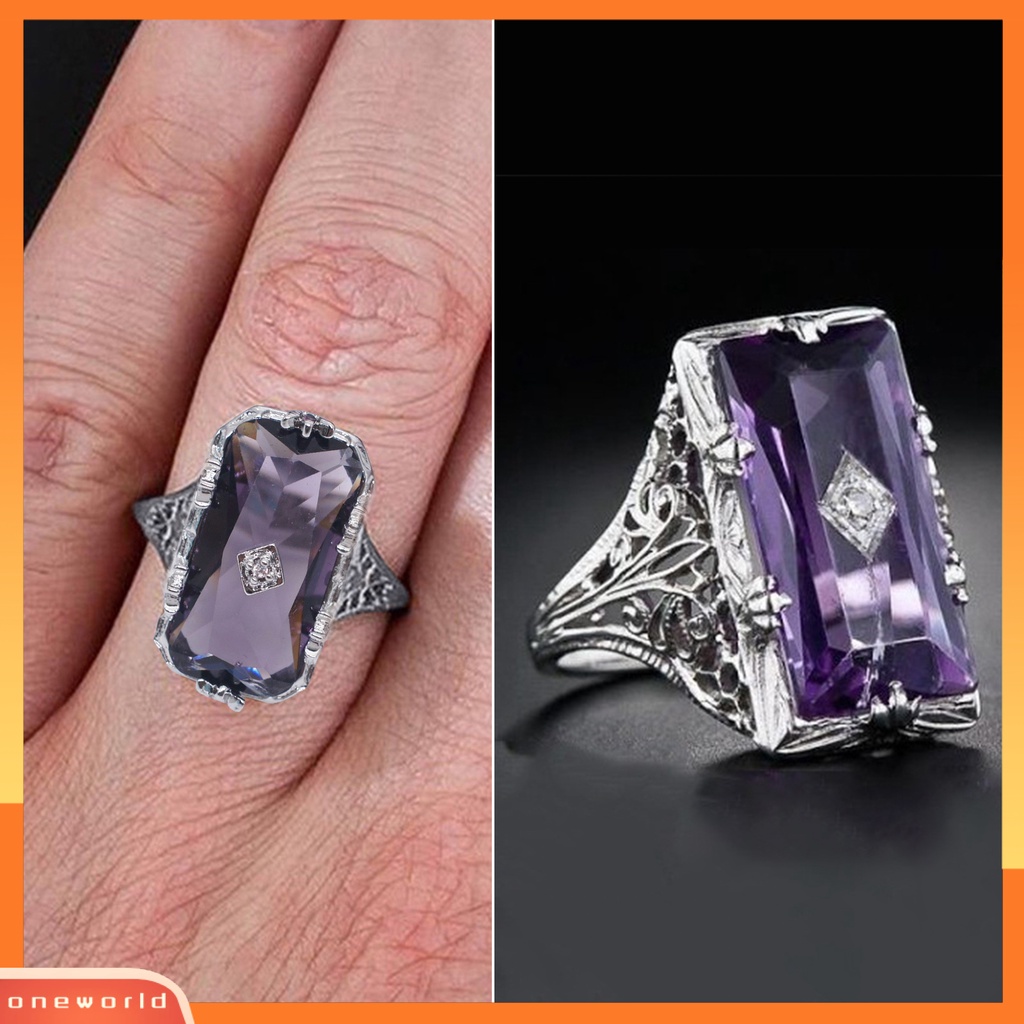 [EONE] Chamfer Persegi Panjang Kilau Cerah Wanita Cincin Berongga Timbul Pola Bunga Imitasi Ungu Kristal Cincin Aksesoris Perhiasan