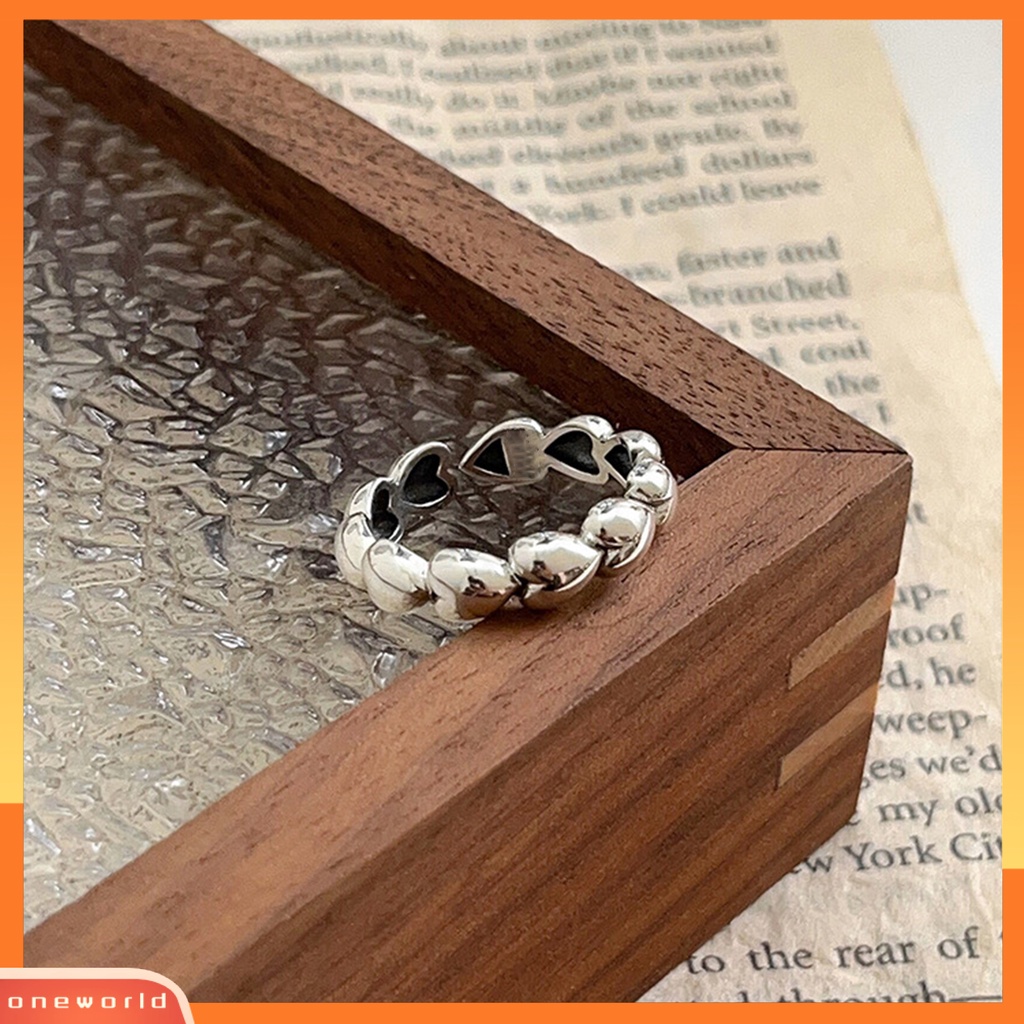[EONE] Wanita Cincin Pembukaan Adjustable Retro Elegan Warna Perak Hadiah Nonallergic Cinta Kecil Hati Jari Cincin Perhiasan Fashion