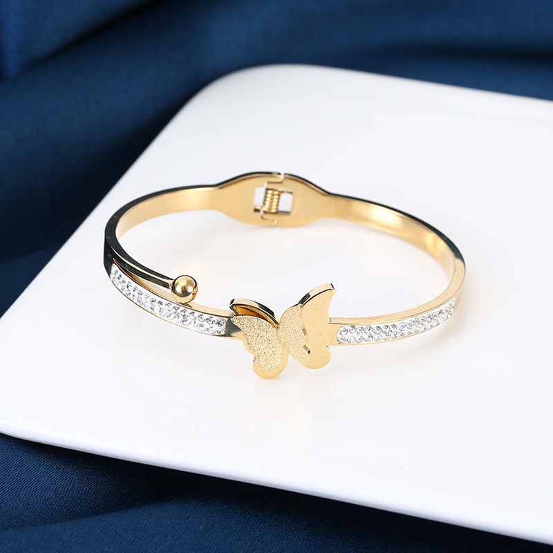 GROSIR Gelang bangle kupu pasir zircon dengan bulatan titanium stainless steel 316l anti karat import berkualitas bisa bayar di tempar COD