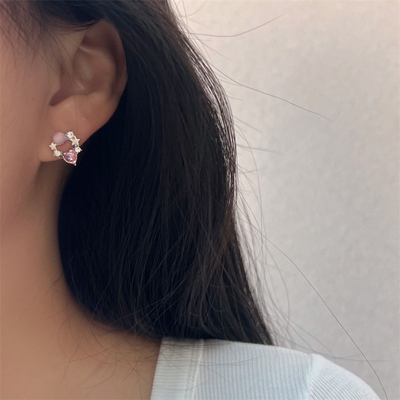 Ahellogirl Anting Kristal Zircon Hati Pink Lapis Silver S925 Untuk Wanita Perempuan