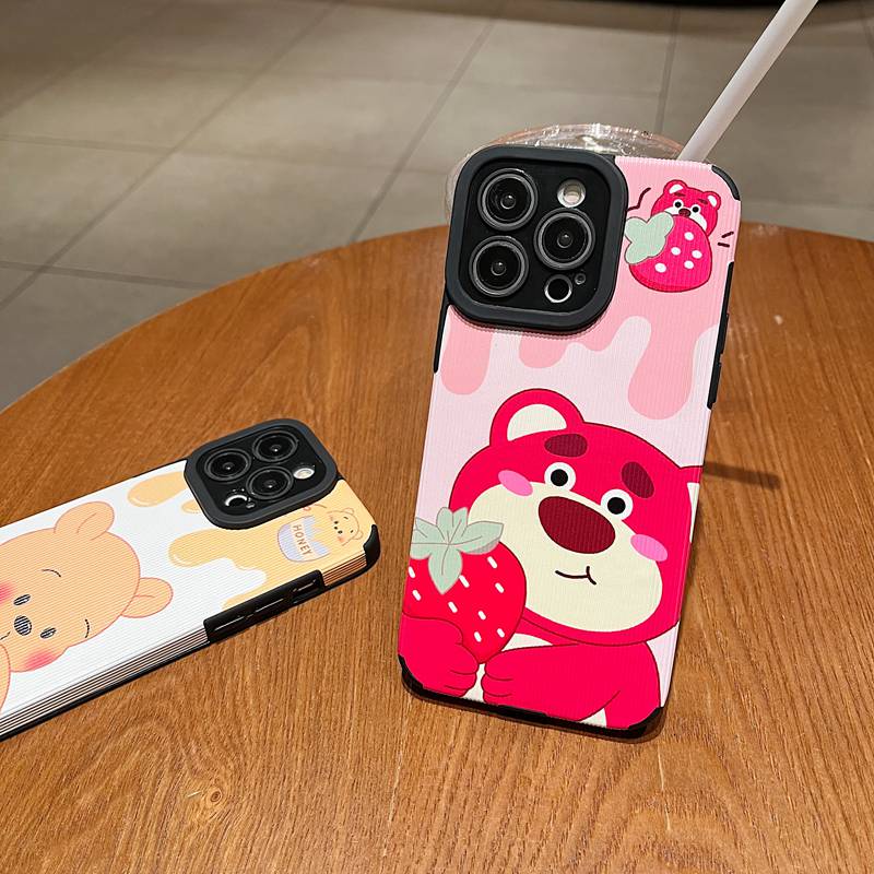 So Cute Strawberry Bear Winnie bear Leather Soft Case IP IPhone 7 8 Plus SE 2020 X XR XS Max 11 12 13 14 Pro Max 14 Plus Camera Protect for Women Girl