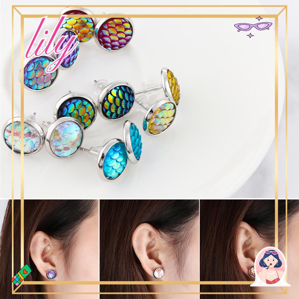 Lily 6pasang/Set Anting Sisik Mermaid Pesta Silver 12mm Bulat