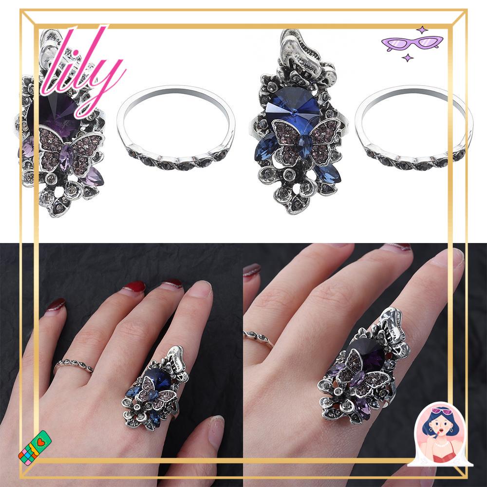 Lily Amethyst Set Cincin Aksesoris Pesta Hadiah Untuk Wanita Charm Jewelry Butterfly Ring