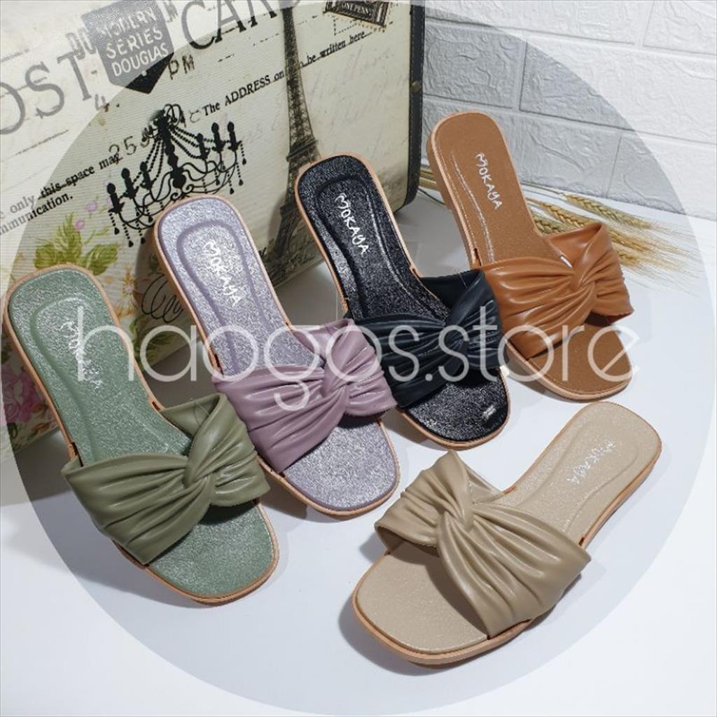 Sandal Slop Wanita ban motif Pita kerut import cantik elegant Mokaya 2022-B size 37-41