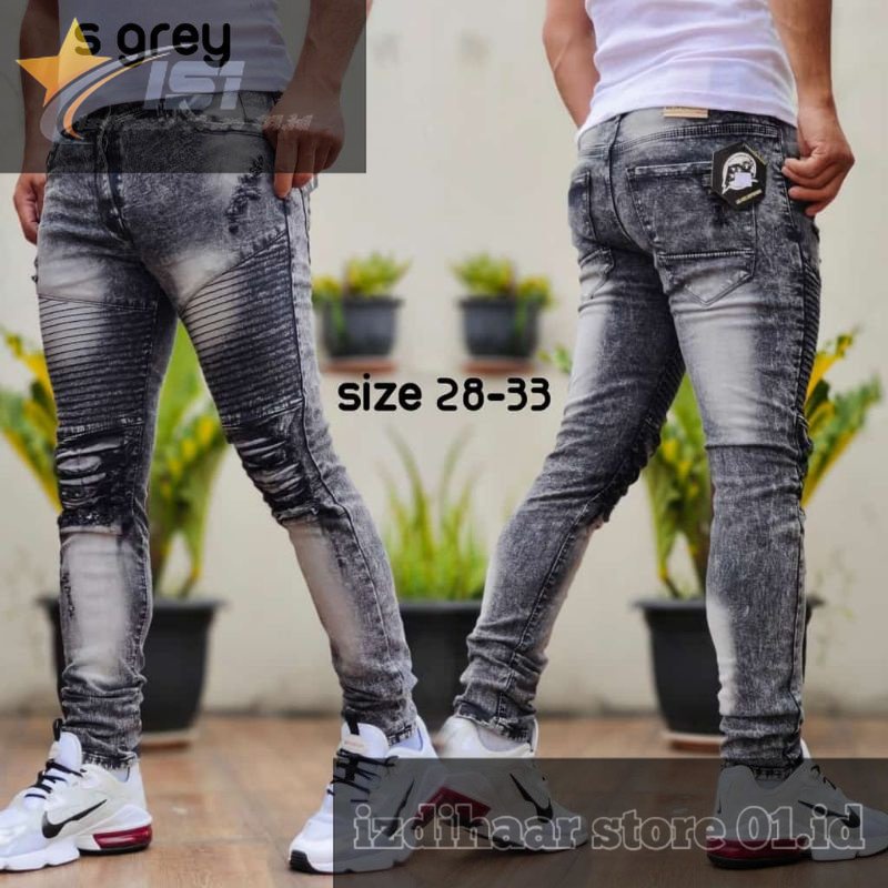 KODE B || CELANA JEANS BIKERS PRIA HITAM POLOS SOBEK RIPPED | CELANA PRIA JEANS BIKERS HITAM POLOS S