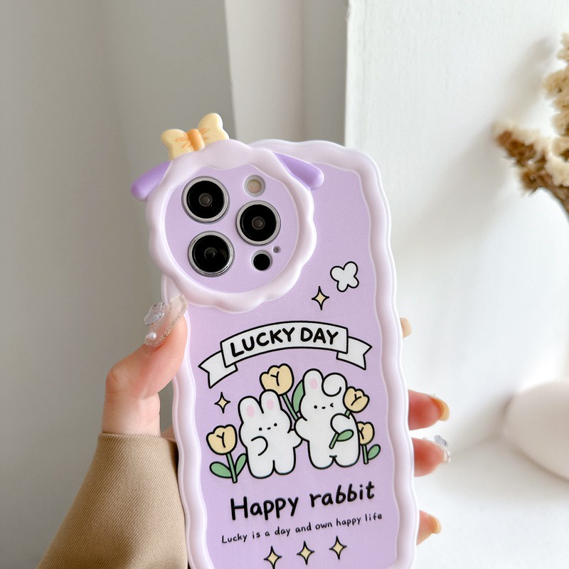 【Lamb Style】Purple Happy Rabbit Soft TPU Case HP iP iPhone 11 12 13 14 Pro Max 7 8 + Plus SE 2020 X XS XR Max Girl Woman FTD Casing Apple