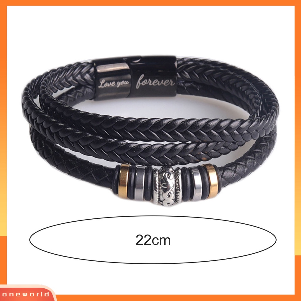 [EONE] Pria Gelang Adjustable Fashion Aksesoris Handmade Love You Forever Print Faux Leather Tiga Lapis Braided Bracelet Untuk Pakaian Sehari-Hari