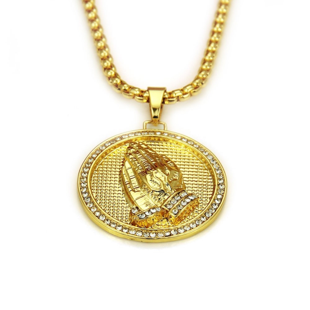 [X C Kalung] Hip-hop Baru Tanda Putaran Doa Tangan Kalung Eropa Dan Amerika Pribadi Yang Berlebihan Buddha Tangan Liontin Kalung Pria