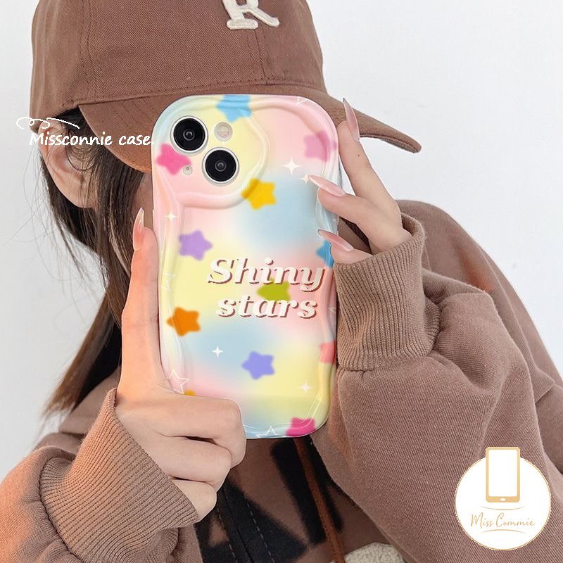 IPHONE Casing Belakang Kartun Bintang Huruf Warna-Warni Kompatibel Untuk Iphone11 14 12 13 Pro Max7 8 6s 6 Plus XR X XS Max SE 2020 7Plus 8Plus 3D Wavy Curved Edge Shockproof Glossy Soft Cover