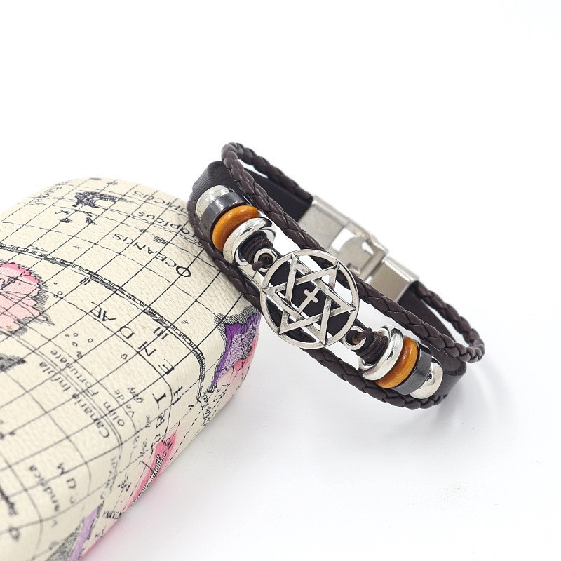 [Z H Perhiasan] Vintage Rock Enam Bintang Kulit Asli Gelang Pria Dan Wanita Fashion Anti Karat Multi Layer Manik-Manik PU Gelang Punk Pesta Perhiasan Aksesoris