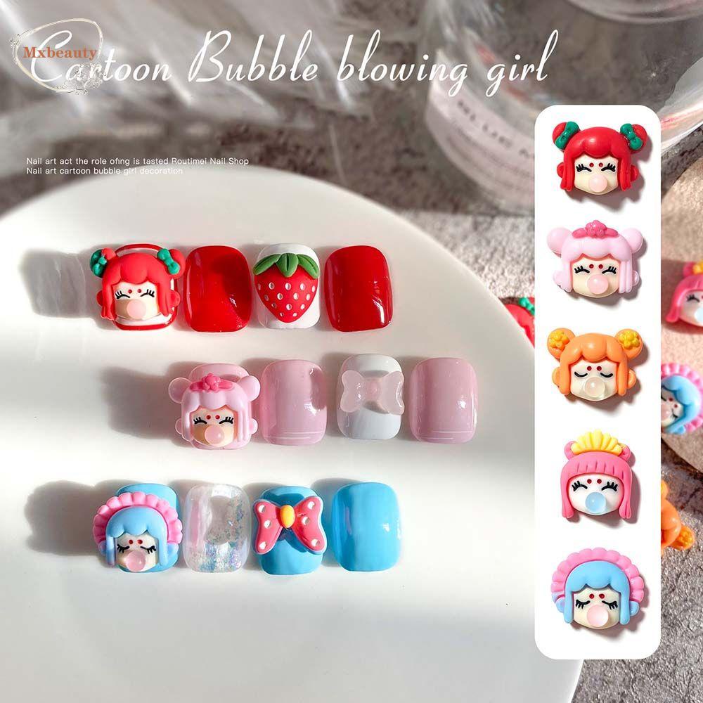 Mxbeauty Meniup Gelembung Gadis Kuku Perhiasan Gadis Jantung Pesona Indah Gadis Meniup Gelembung Gadis Kawaii Kartun DIY Kuku Aksesoris