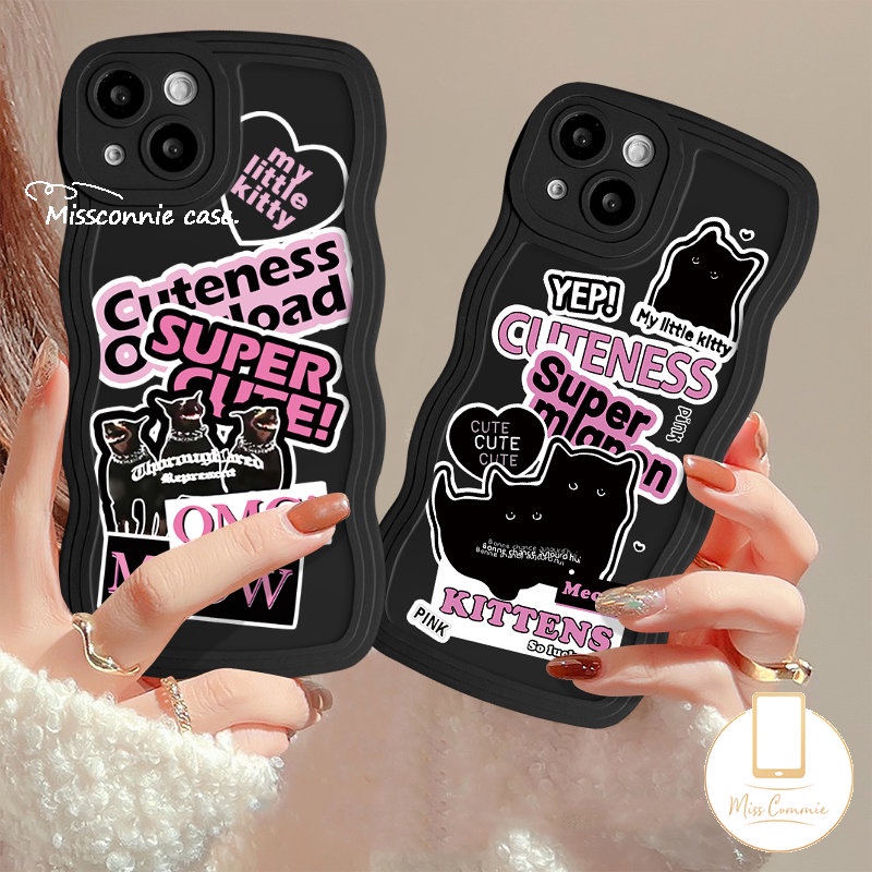 IPHONE Ins Trendy Stiker Label Ponsel Case Kompatibel Untuk Iphone7 6s 14 8 6 Plus XR X XS Max 7Plus 11 13 14 12 Pro Max SE 2020 Wavy Edge Cute Kartun Kucing Anjing Lembut Tpu Couple Cover