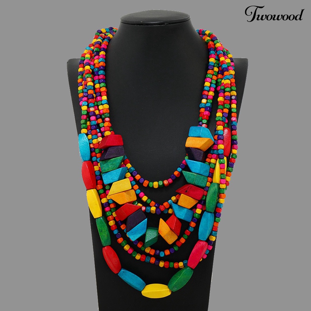 Twowood Pesta Kalung Berlebihan Vintage Multilayer Handmade Colorful Beads Dress Up Fashion Item Etnik Rumbai Kayu Manik-Manik Bib Kalung Pesta Liburan Perhiasan