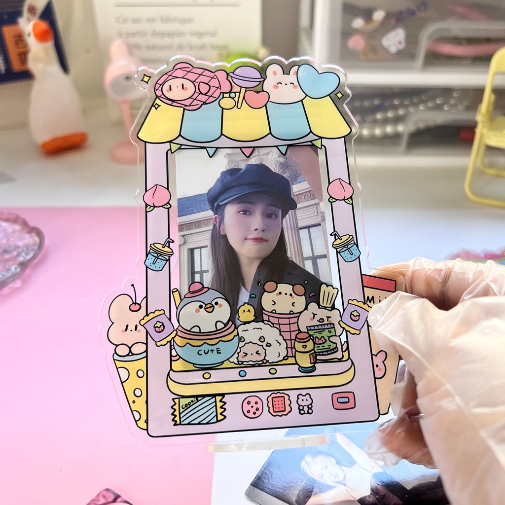 Cute Bear Card Holder 3Inch Untuk Kpop Idol Photocard Stand Holder Desktop Display Gambar Bingkai Foto Akrilik