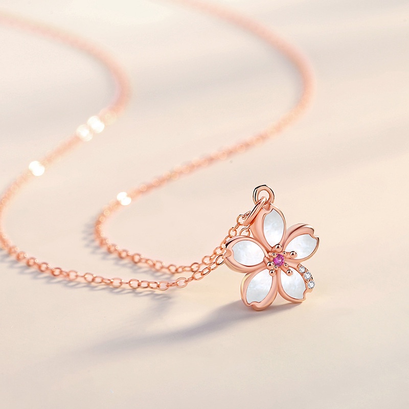 Cherry Blossom Kalung Niche Sterling Silver Musim Panas Mori Rose Gold Ibu-Mutiara Rantai Klavikula Gadis Manis Bunga Kalung