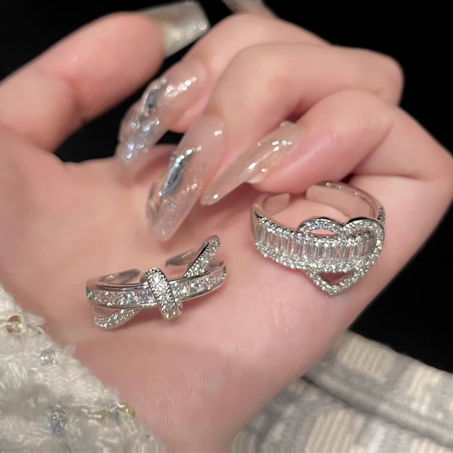 Ay (CN) Cincin Perak Kupu-Kupu Hati Fashion Kristal Single Double Layer Rings Untuk Aksesoris Perhiasan Wanita