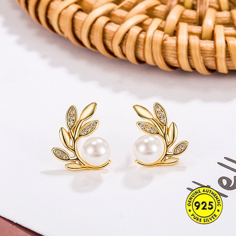 18k Emas Shell Mutiara Cabang Daun Telinga Giwang Temperamen Mewah Ringan All-Match Anting Vintage U1808