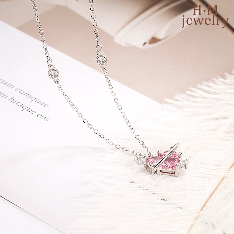 S925 Perak2023Baru Pink Berlian Cinta Kalung Cahaya Mewah Manis Pink Planet Ornamen