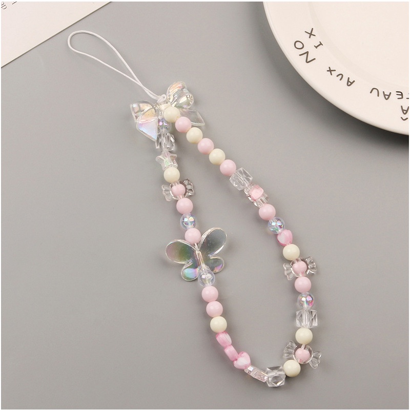 3d Transparan Kristal Kupu-Kupu Warna Campur Merah Muda Bulat Manik-Manik Rantai Universal Telepon Tali Anti Hilang Untuk iPhone Untuk Samsung Untuk OPPO Untuk VIVO Untuk Huawei Untuk Redmi Untuk Xiaomi