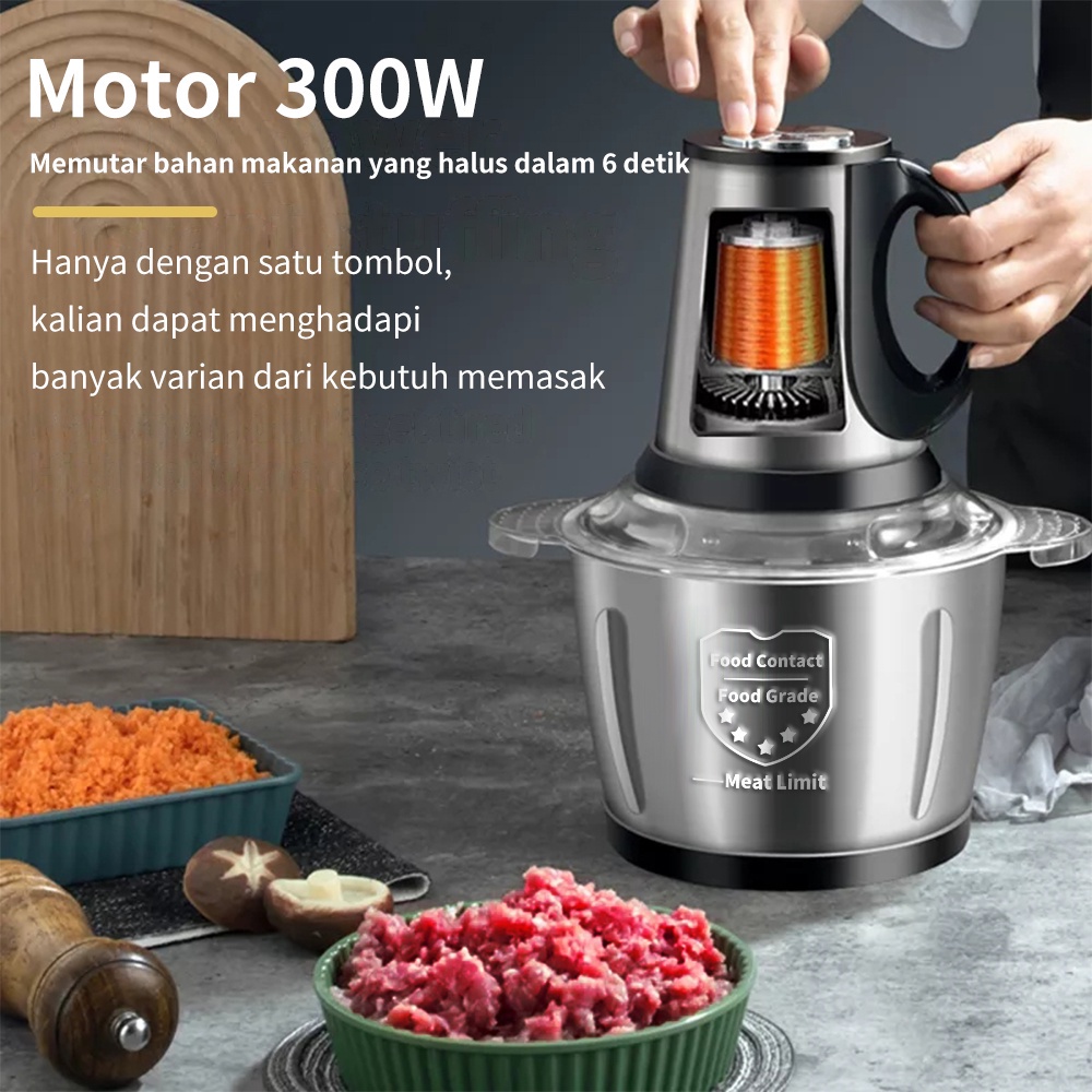 KADONIO Blender Daging Chopper Stainless 2L Penggiling Daging Multifungsi Meat Grinder 3 Tombol Yada KL-FB02