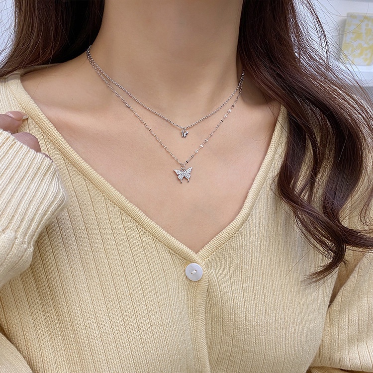 Ins Korea Double-layer Butterfly Necklace Bling Musim Panas Kalung Choker Rantai Tulang Selangka