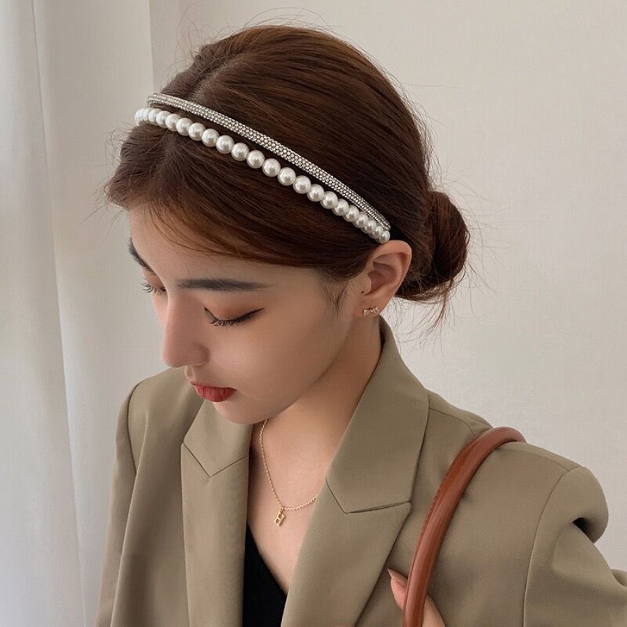 Korea Alloy Berlian Imitasi Mutiara Bando Gadis Kristal Manik-Manik Bunga Tipis Rambut Band Woman Aksesoris Rambut