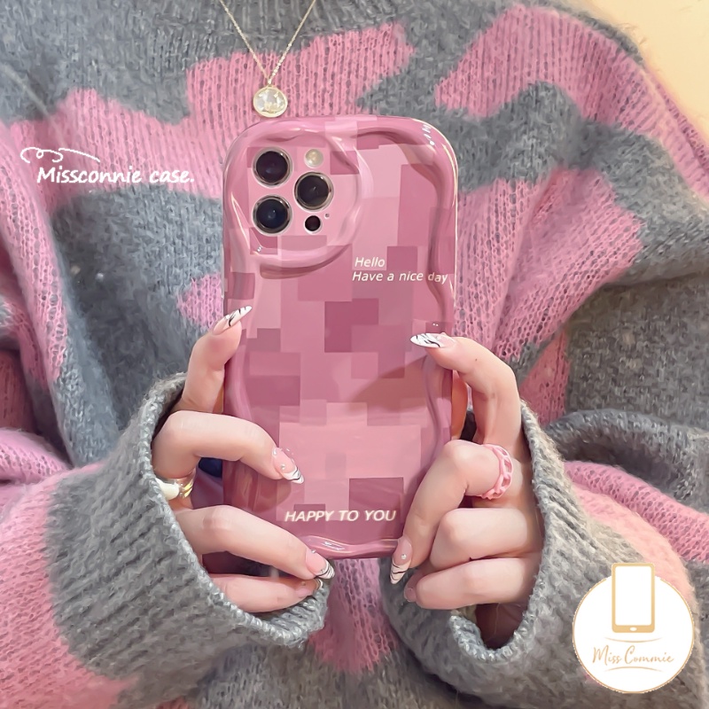 IPHONE Shockproof Phone Cover Kompatibel Untuk Iphone11 14 12 13 Pro Max X7 8 6s 6 Plus XR XS Max SE 2020 7Plus Kreatif Rose Pink Lattice 3D Wavy Curved Edge Soft Glossy Case