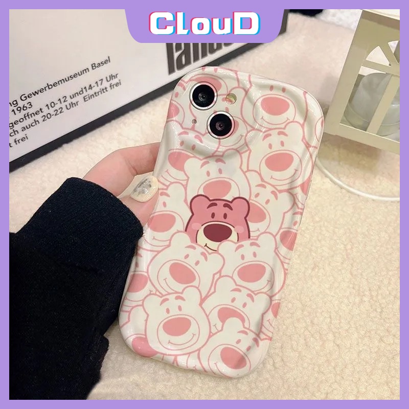 IPHONE Casing Manyo Kartun Tepi Melengkung Bergelombang 3D Kompatibel Untuk Iphone11 7Plus XR 12 13 14 Pro Max X7 8 6s 6 Plus XS Max SE 2020 Beruang Strawberry Lucu Shockproof Glossy Soft Cover