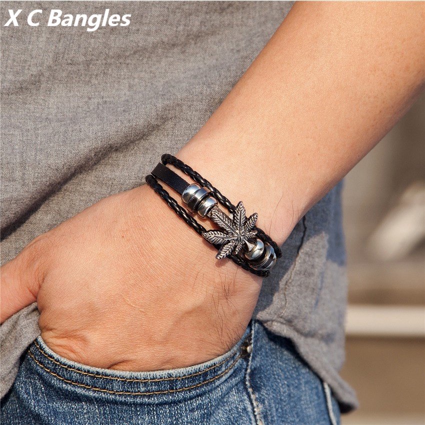 [XC Gelang] Vintage Gelang Kulit Maple Leaf Anyaman Multi-layer Gelang Perhiasan Fashion Pria Perhiasan