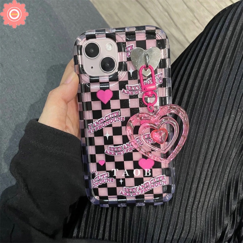 Kawaii Casing Untuk Redmi 12C 10C 9a1 10 9T 9C NFC 10A 9A Redmi Note10 11 11s 10s 9 Note8 Note9 POCO F4 Korea Lucu Kotak-Kotak Kisi 3D Cinta Hati Liontin Shockproof Soft Case