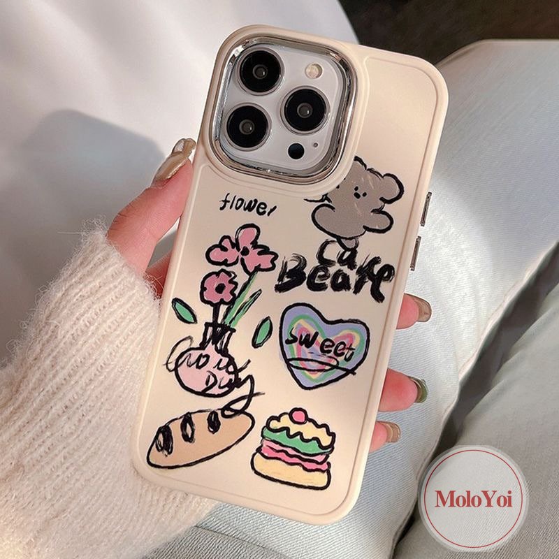 Cinta Hati Lucu Kucing Anjing Beruang Casing Ponsel Kompatibel Untuk IPhone 7Plus 11 13 14 12 Pro Max XR 87 Plus X XS Max Art Kartun Graffiti Bunga Plating Bingkai Lensa Logam Soft Cover