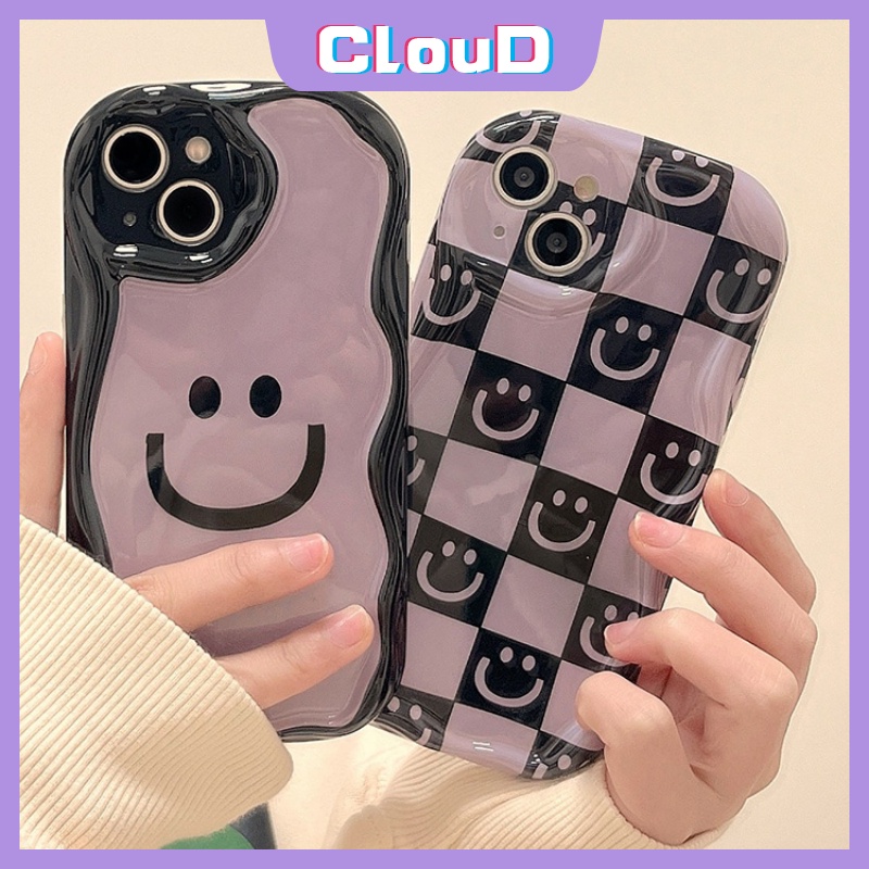 IPHONE Kartun Lucu Smiley Glossy Case Kompatibel Untuk Iphone11 14 13 12 Pro Max 7Plus XR X XS Max7 8 6s 6 Plus SE 2020 3D Wavy Curved Edge Lembut Shockproof Airbag Checkerboard Cover