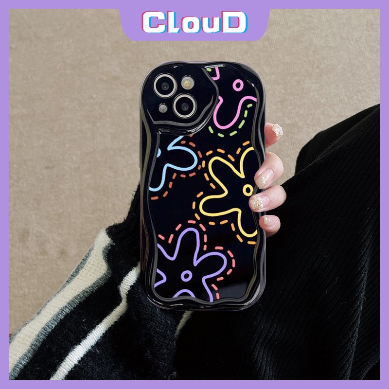 3d Wavy Curved Edge Shockproof Glossy Floral Phone Case Kompatibel Untuk iPhone 7Plus XR X11 14 12 13 Pro Max 6s 6 7 8 Plus XS Max SE 2020 Fashion Garis Sederhana Bunga Soft Cover