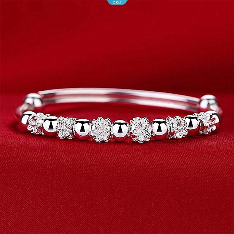Asli S925 Sterling Silver Kristal Vintage Plum Blossom Bunga Gelang Bangle Untuk Wanita Gadis Lady Pernikahan Hadiah Ulang Tahun [ZK]