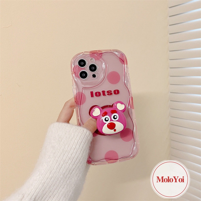 IPHONE 3d Wave Point Kartun Strawberry Bear Cute Case Kompatibel Untuk Iphone11 14 13 12 Pro Max 6 7 6s 8 Plus XR X XS Max 7Plus SE 2020 Wavy Curved Edge Glossy Shockproof Shell Cover