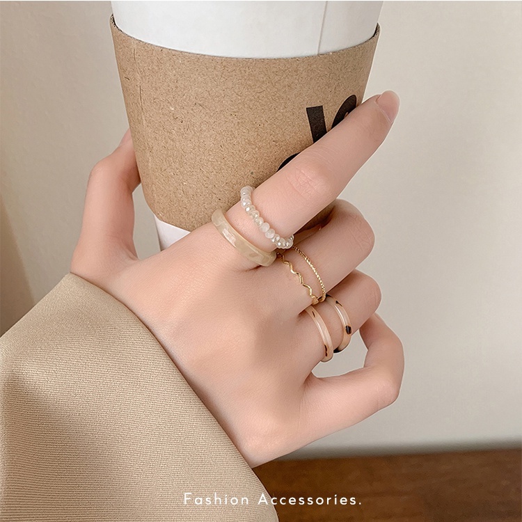 Set Cincin Manik Manik Kristal Resin Manik Retro Unik Untuk Wanita