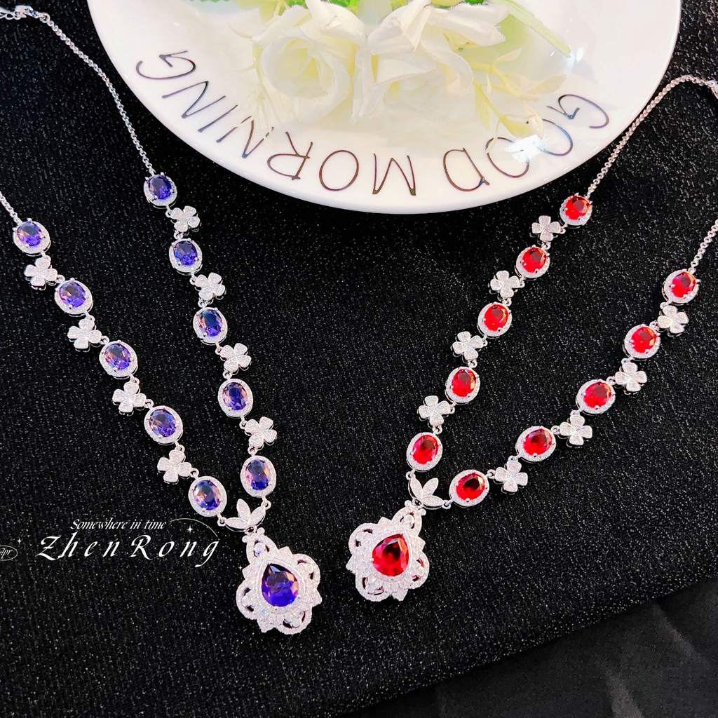 Goldkingdom Fashion Perhiasan Aksesoris Ready Stock Provencal Adventure Cahaya Mewah Lavender Ungu Berlian Kalung Micro-set Darah Merpati Ruby Liontin Lengan Rantai